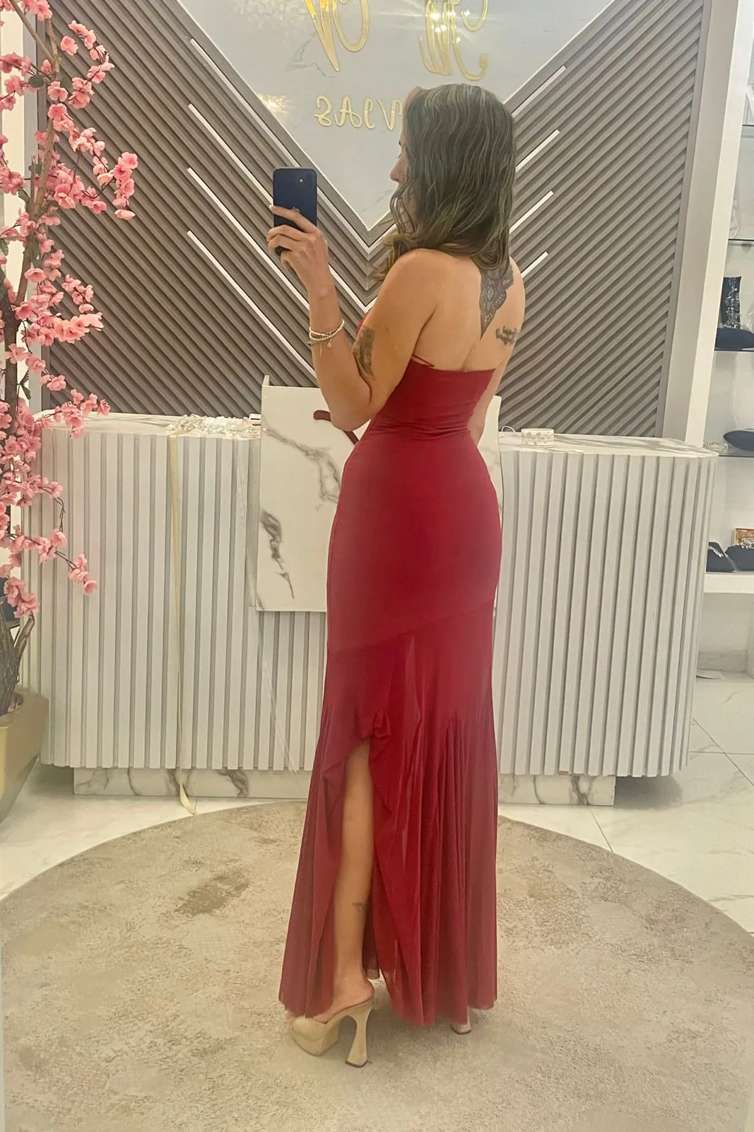 Vestido tinto de Gasa con transparencia, vista 2