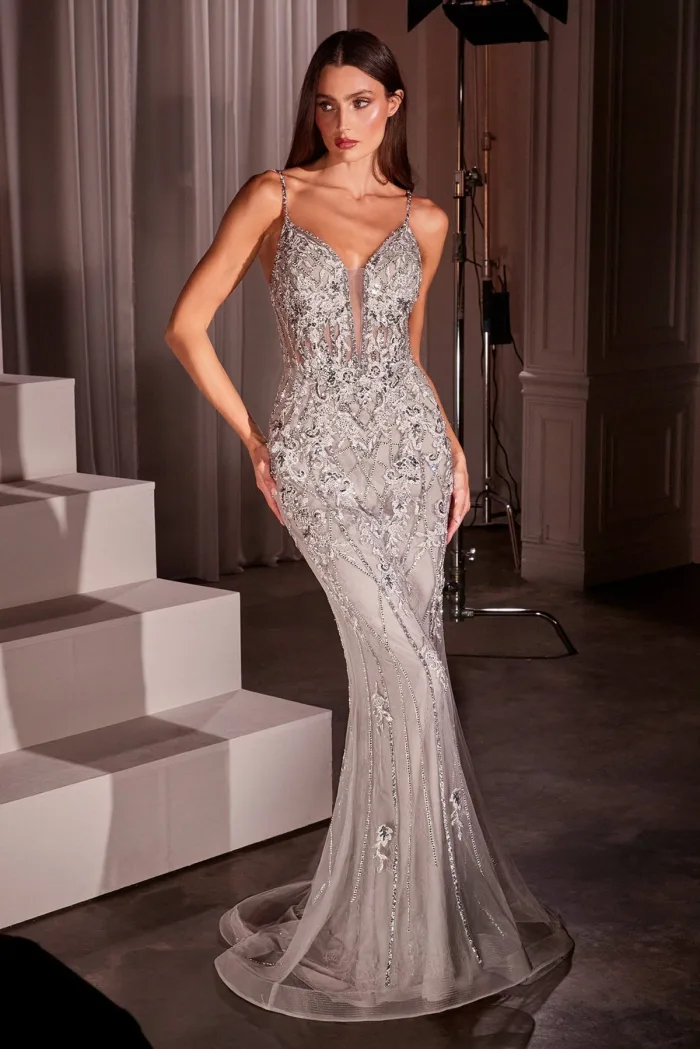 VESTIDO SIRENA TIRANTES CON PEDRERÍA PLATA CD795