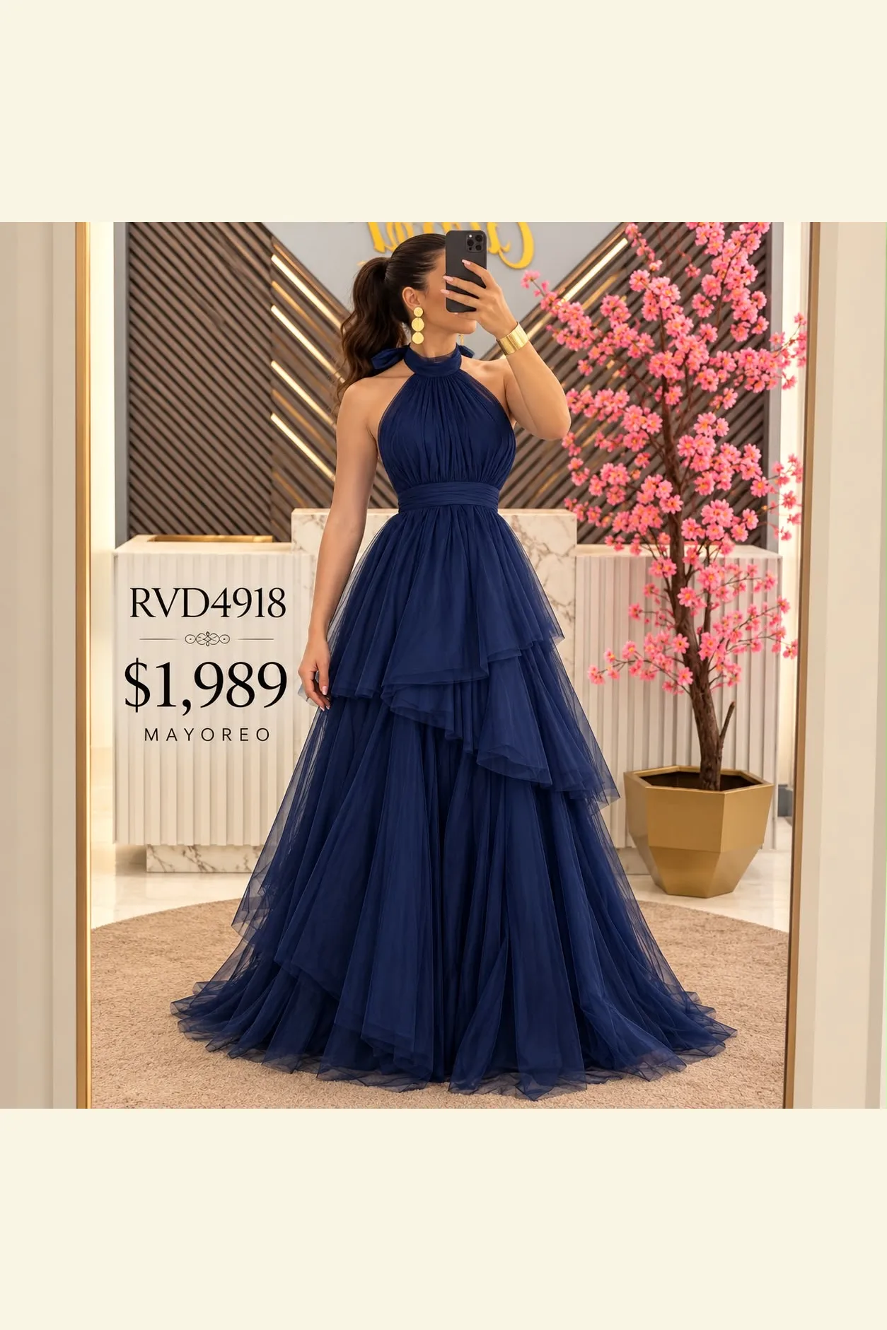 VESTIDO AZUL DRAPEADO HOLANES DE TUL