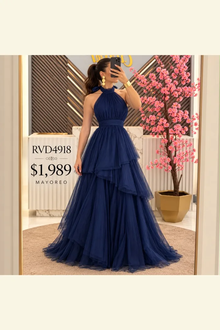 VESTIDO AZUL DRAPEADO HOLANES DE TUL