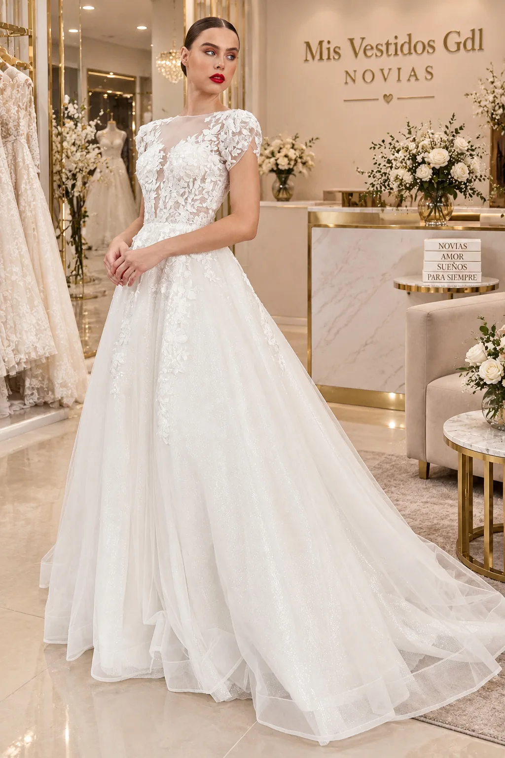 Vestido de novia blanco con encaje A1072W, vista 3